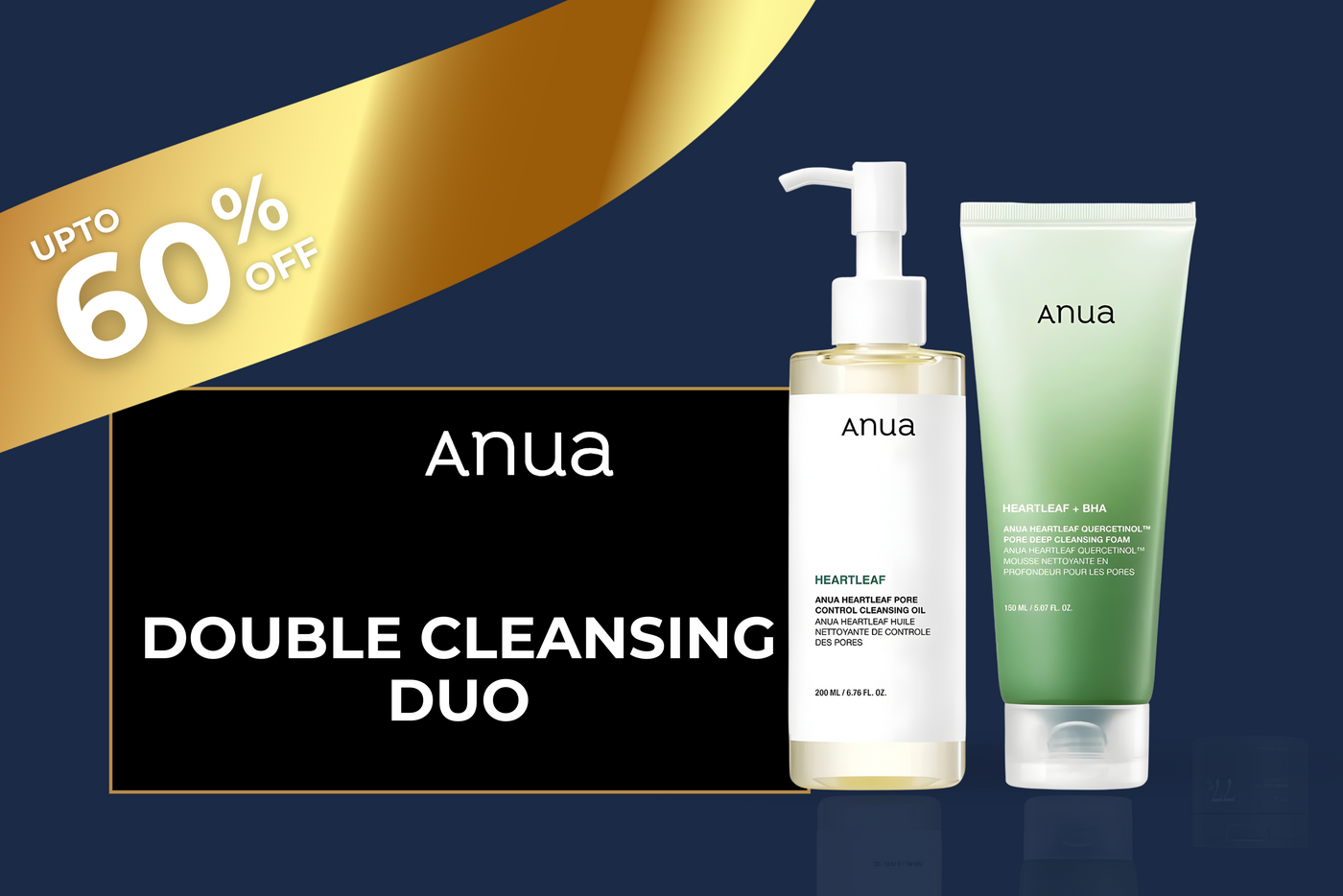 Anua Double Cleansing Duo with a discount banner on a dark blue background